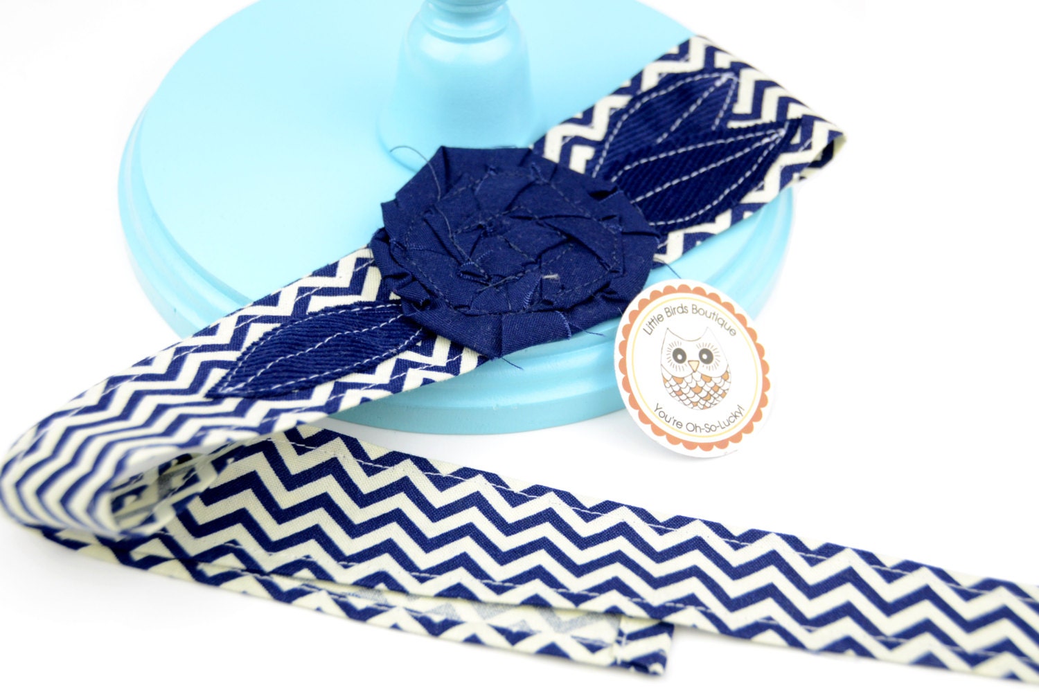 Adult or Child Fabric Headband Head Wrap, Tie, Sash, with Rose Flower in Navy Blue Zig Zag Chevron