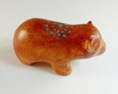 Red Brown Totem Bear Sculpture Turquoise Blue Spots