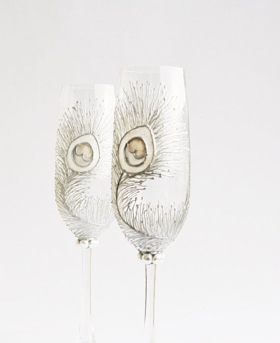 Wedding Glasses Bleached Peacock Feathers Hand Painted Flutes Set of 2