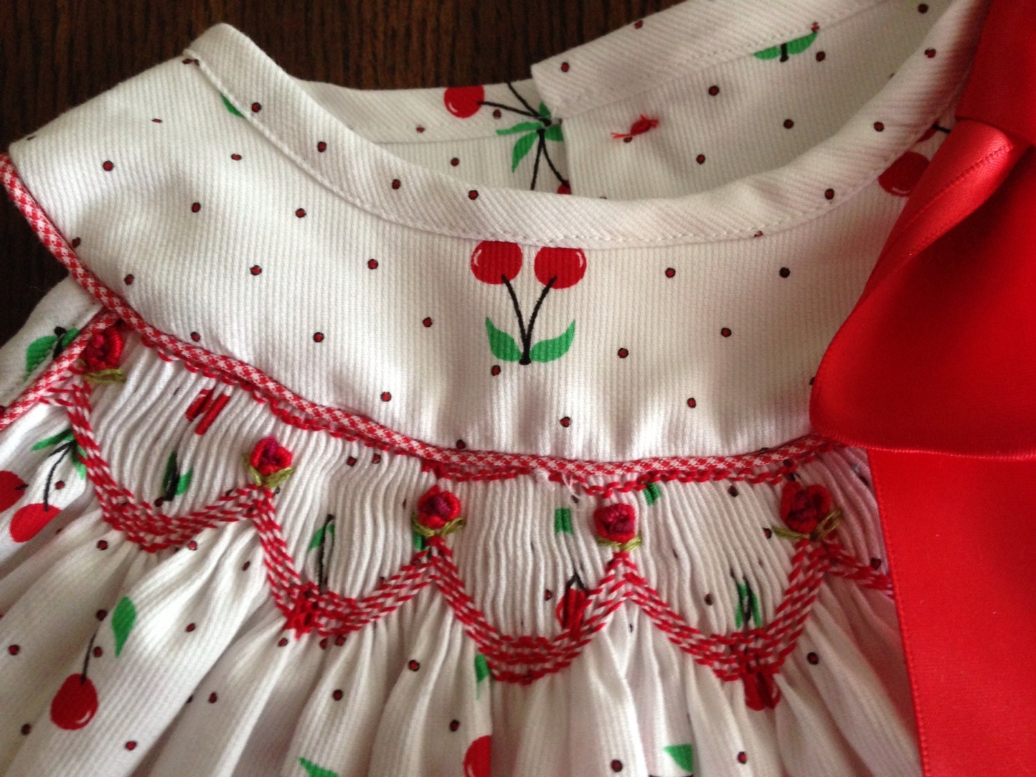 Cherries Jubilee Hand Smocked Swing Style Dress with Ruffled Panties