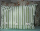 Striped Print, Green and Cream with Beaded Button Closure, 12x18 Lumbar Pillow, Ready to Ship, By Sew Custom Designs