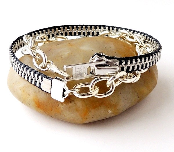 Zipper Chain Bracelet, Dark Grey and Silver Wrap, Recycled, Upcycled, Repurposed