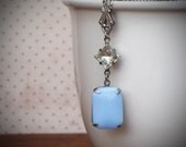 Blue Milk Glass & Rhinestone Necklace , Estate Style, Pastel