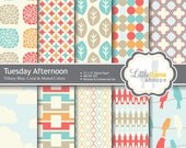 Digital Scrapbook Paper Pack - Blue Coral Orange and Taupe INSTANT DOWNLOAD Quatrefoil Floral Birds Clouds Picket Fence