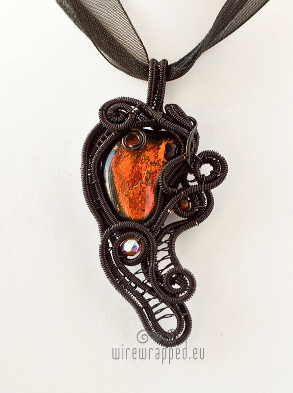 OOAK Golden orange and green dichroic glass gothic pendant
