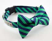 Green Navy Blue Stripes Bow Tie Dog Collar