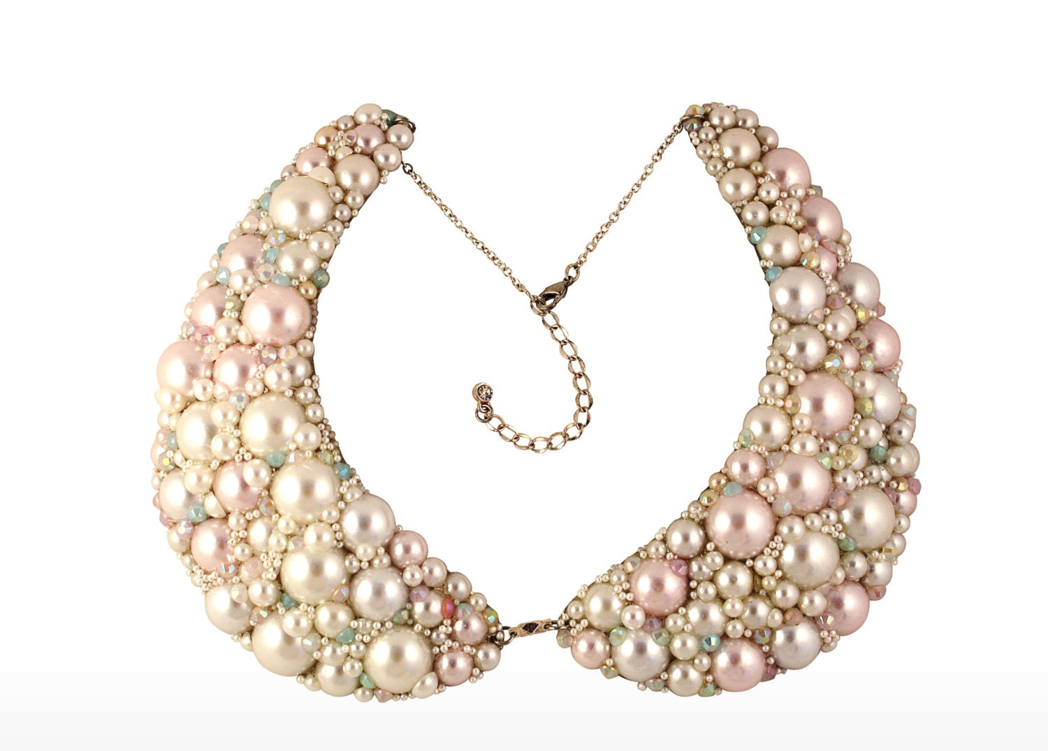 Metal Peter Pan Collar Bib Necklace -- Pearl and Rhinestone