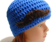 Crochet Brown Mustache Beanie Hat in Blue