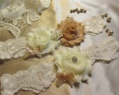 Wedding garter set, bridal garter set vintage style ivory and champagne wedding