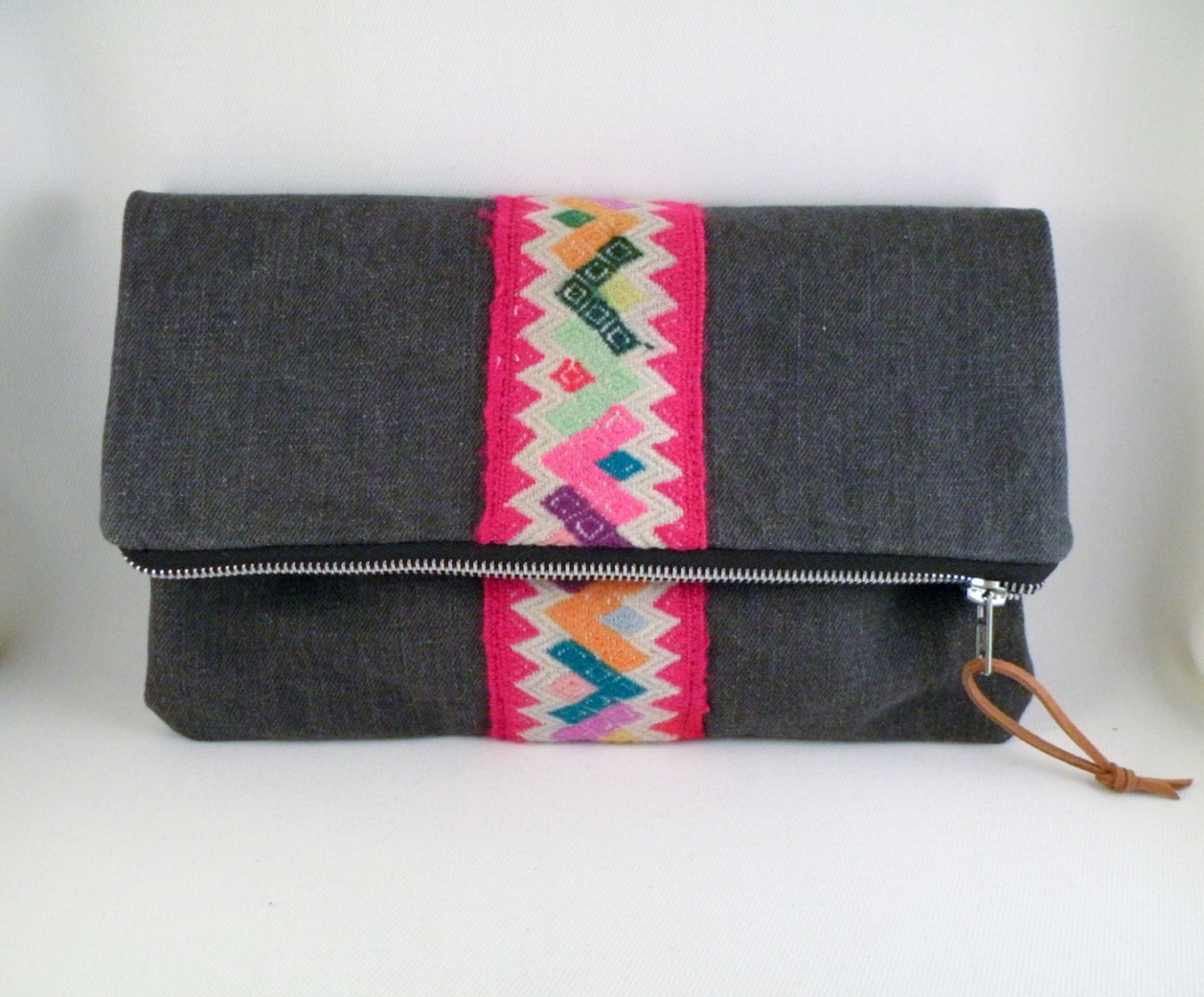 Foldover Clutch Dark Jean with Handmade Sash Handbag, Pouch, Purse