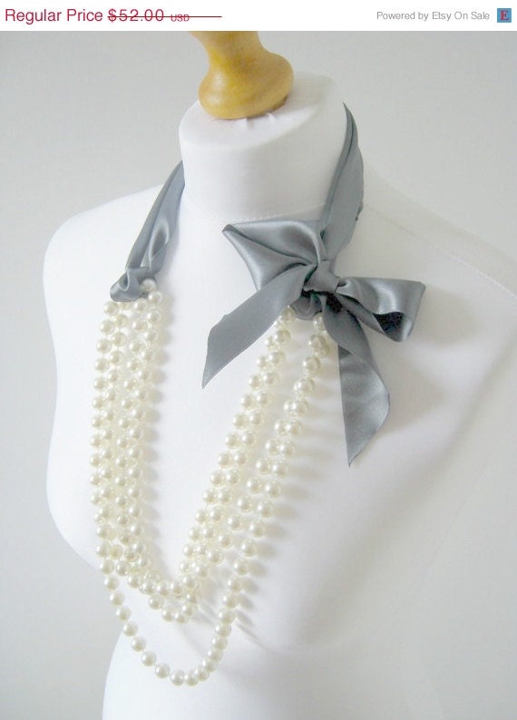 SALE Long Pearl And Ribbon Necklace With 10mm Cream Pearls with Silver Grey Ribbon Bridal Necklace Bridesmaids Necklace