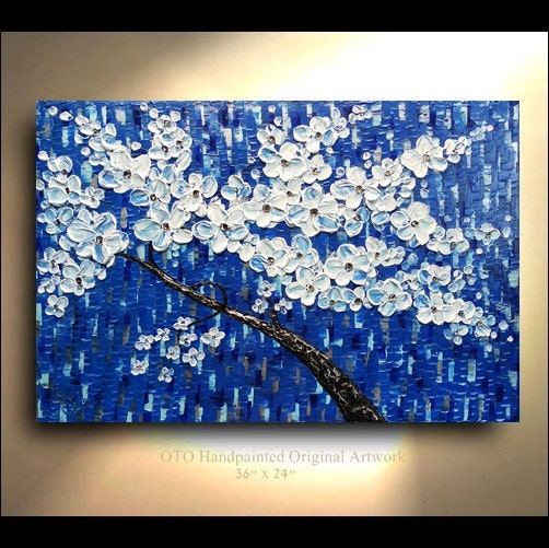 ORIGINAL Blue Silver Sapphire Flower Tree Painting 36x24 Abstract Landscape Artwork Flowerscape Textured Modern Contemporary art by OTO