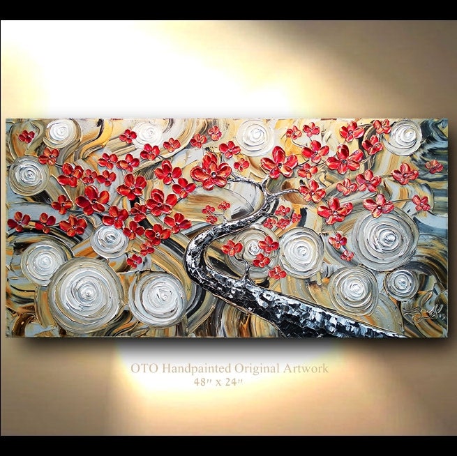 ORIGINAL Painting 24x48 Ruby Red Magenta Brown Gold Abstract Art painting tree flower Large Modern Contemporary Painting by OTO