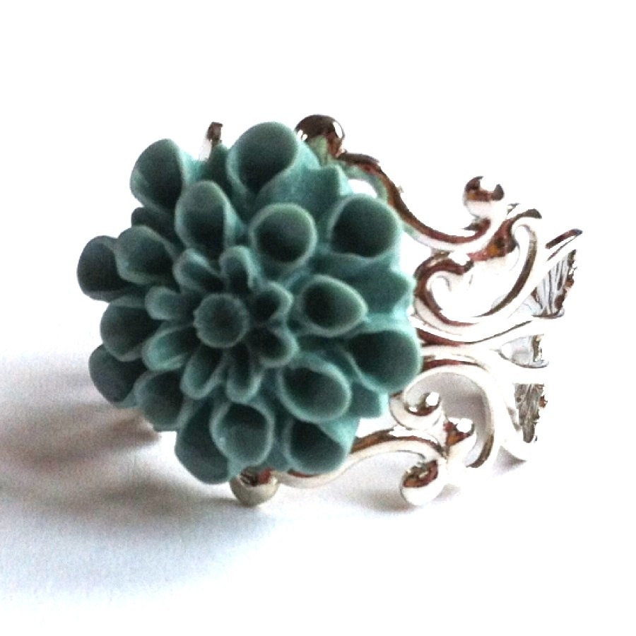 Something Blue Bridal Ring with blue chrysanthemum on a silver filigree detail adjustable band with ivory gift bag for bride wedding