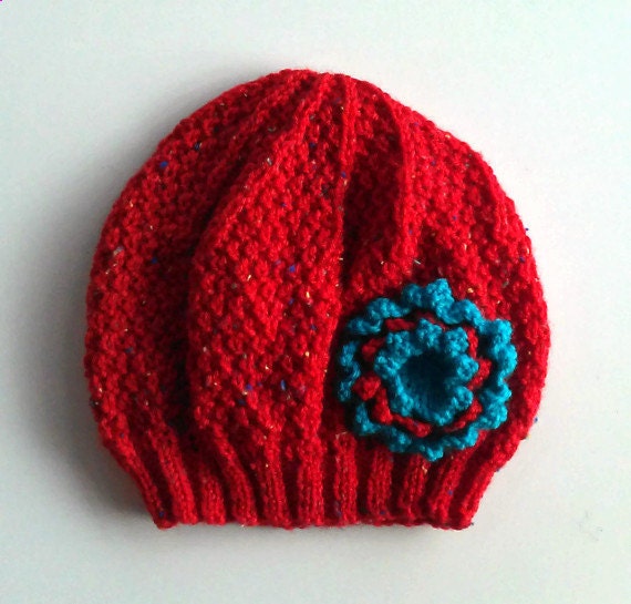 Girls Beanie Flower Hat in Red & Turquoise - Size Small 2 - 4 years