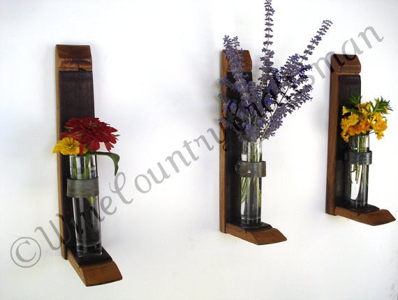 Set of 3 Wall Hanging Flower Holders  - 100% recycled glass and Wine Barrels