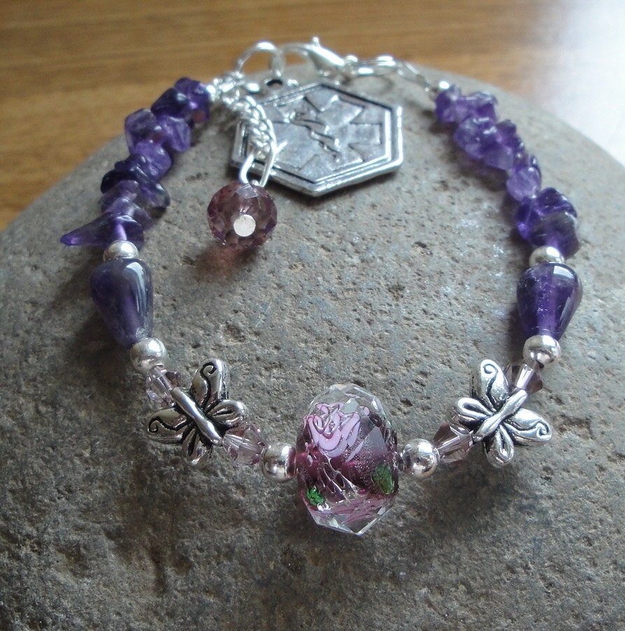 Medical Alert Bracelet  - Diabetes, Allergies, Peanut, Heart, Multiple Sclerosis, Asthma, Autism or Seizures - Amethyst Gemstones