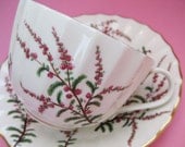 Vintage 40s Royal Worcester Dunrobin Heather China Teacup -  English Lavender Floral Ruffle Scallop Scalloped Texture Antique Tea Party Cup