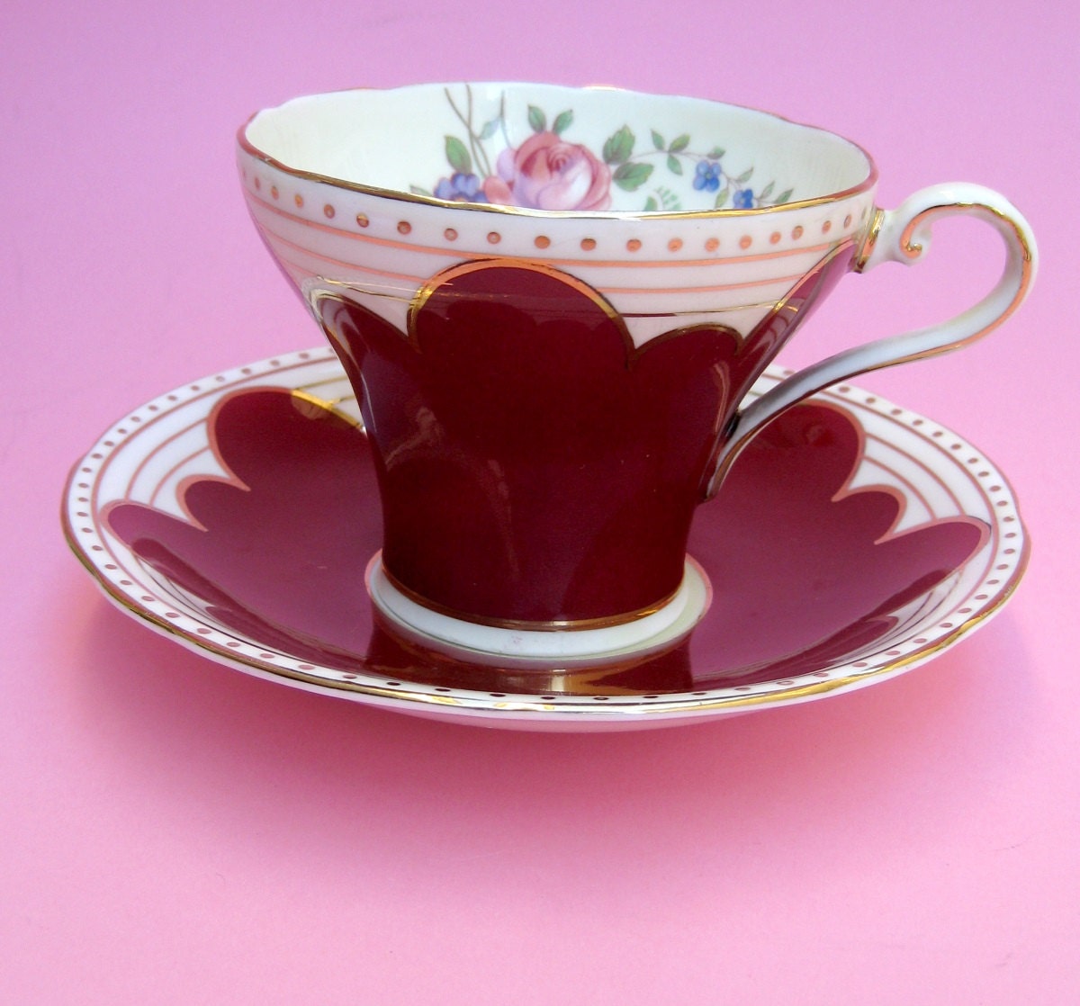 Rare Vintage 30s Aynsley Art Deco Corset Teacup - Ruby Red Colorful Mad Tea Party Cup Porcelain Rich Bright Deep Blood Wine Raspberry Maroon