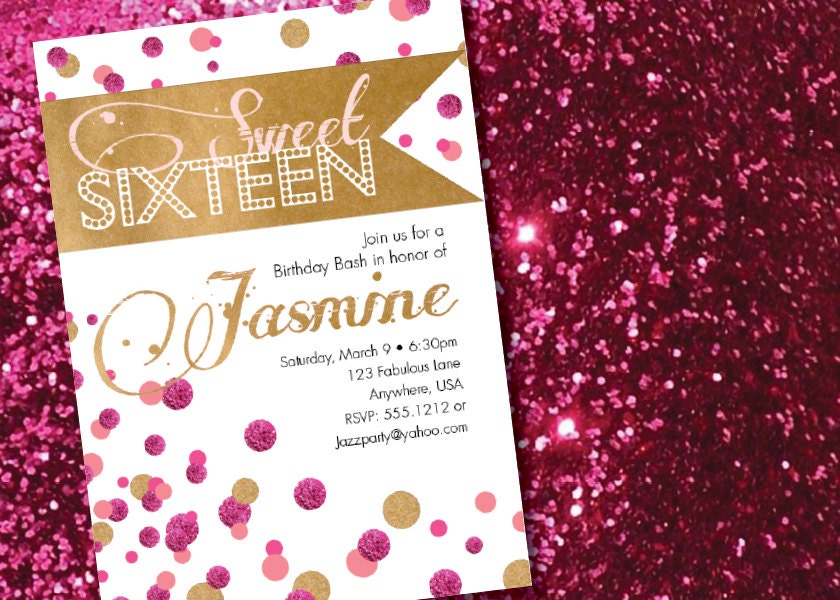 DIY Printable Modern Gold and Pink Sweet Sixteen Birthday Invitation