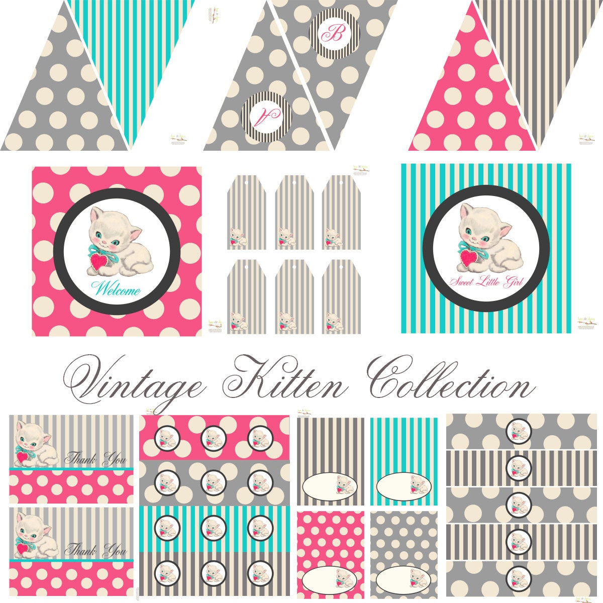 Vintage Kitten Decorations for Birthday Party or Baby Shower - Girls DIY Cat Printable Decor by BeeAndDaisy - Instant Download Il_570xn