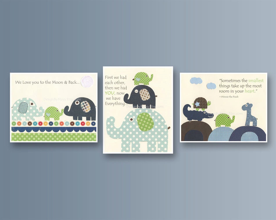 Children Wall Art For Play Room // Set of 3 8x10 Children Art // Pottery Barn // Colors: Navy Blue, green Cream Brown