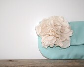 clutch purse in teal with removable fabric flower brooch / spring summer fashion / shabby chic / bridesmaid