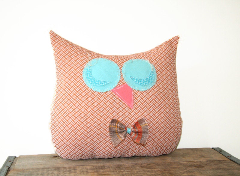 owl pillow / recycled / nursery / mothers day / rust cream teal plaid  / bow tie / children / kids / home decor