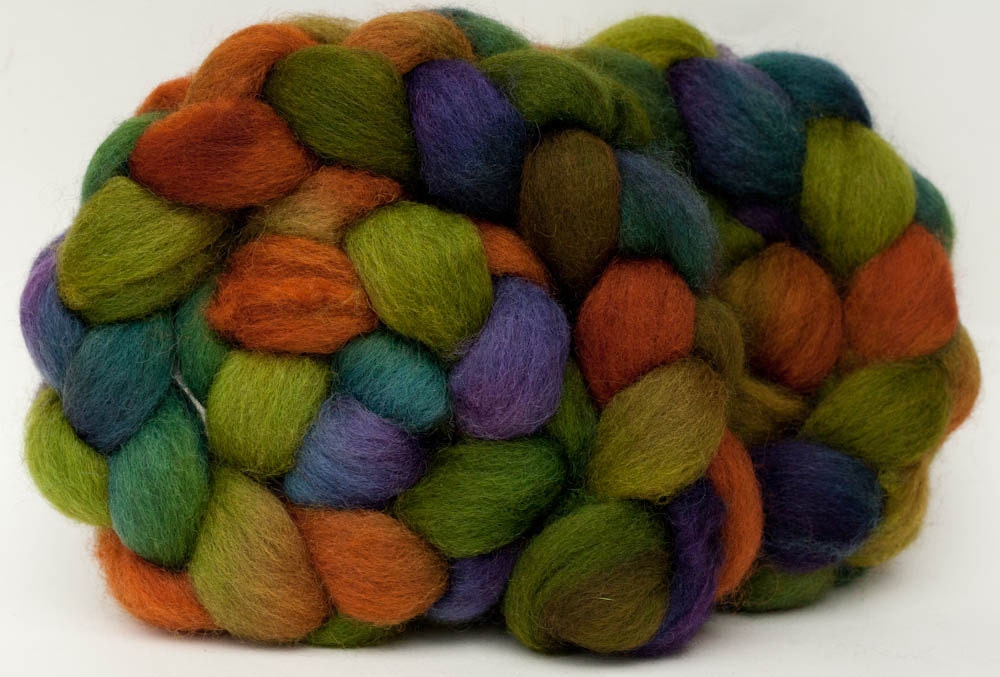 Handpainted Masham combed top (roving, spinning fiber): orange, green, blue, purple, 4 oz
