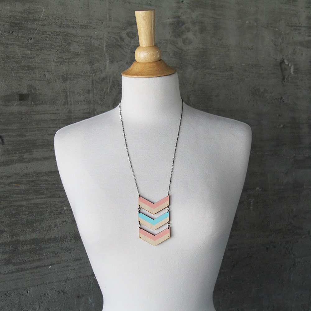 Cool Mint and Coral Triple Chevron Hand Painted Wood Necklace