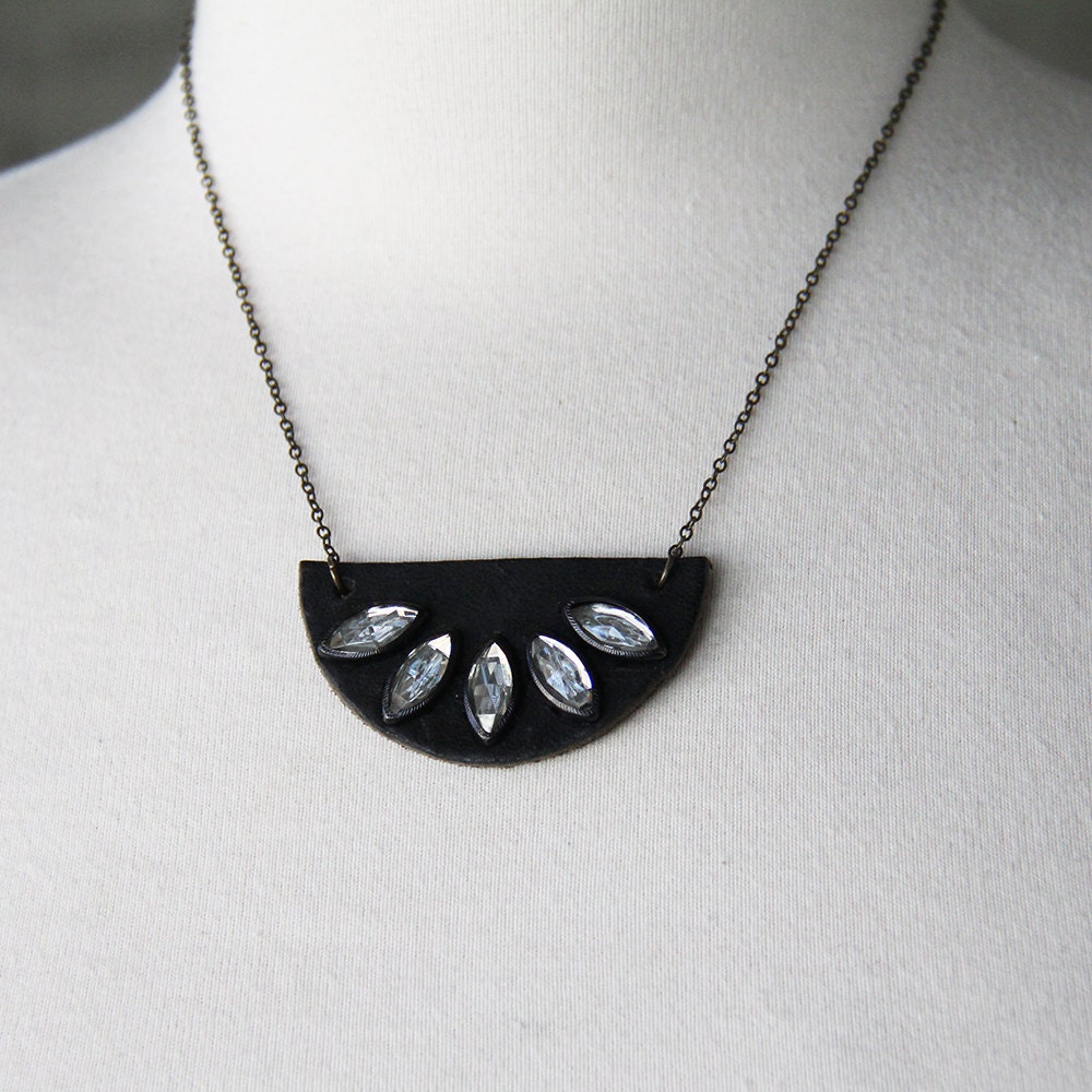 Black Leather and Rhinestones Necklace