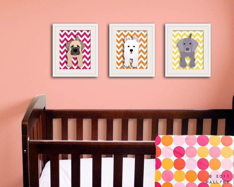 Chevron nursery decor. ANY 3 Puppy dog art prints. kids wall art, kids decor. Dog nursery themed children decor. 3 - 8x10 prints by WallFry