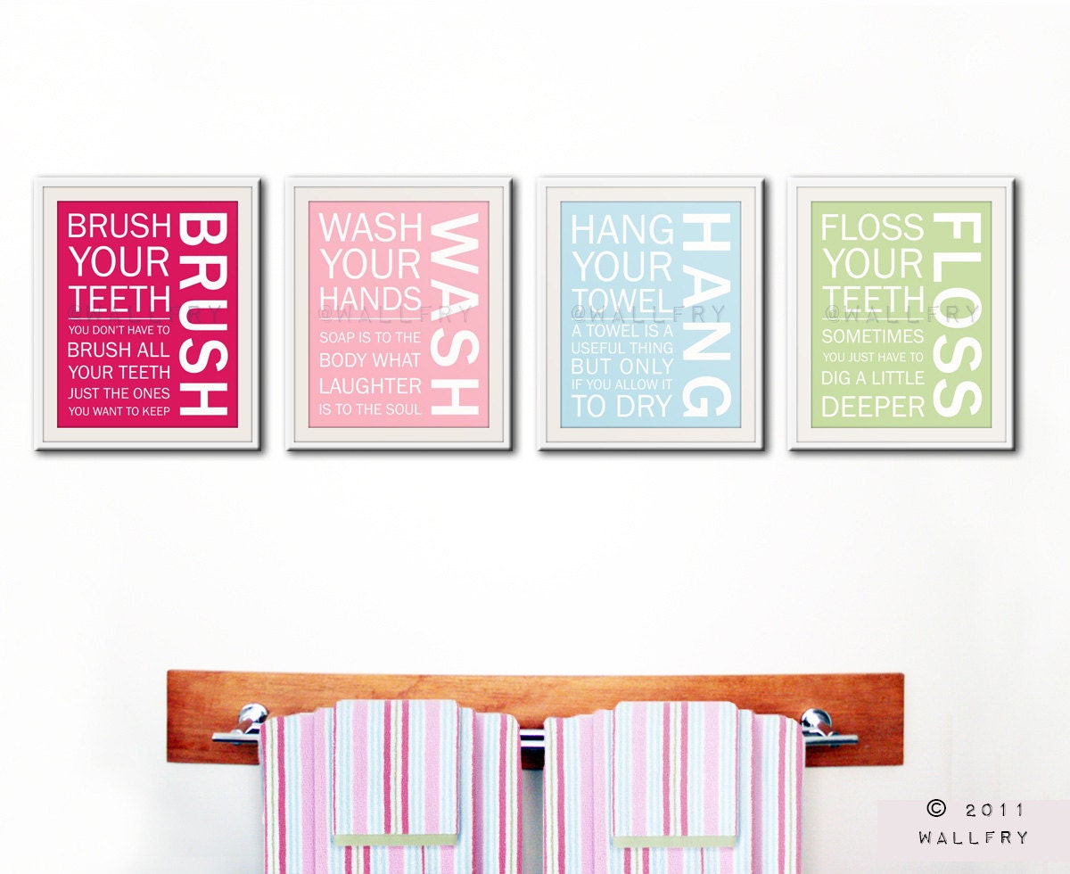 Kids bathroom art. Wash Brush Floss Flush. Typography. Pottery Barn Kids bathroom decor. Set of 4 8x10 prints by WallFry