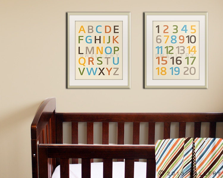 Modern Alphabet nursery art prints. Nursery wall art ABC poster. Children wall art set of 2- 11x14 alphabet prints by WallFry