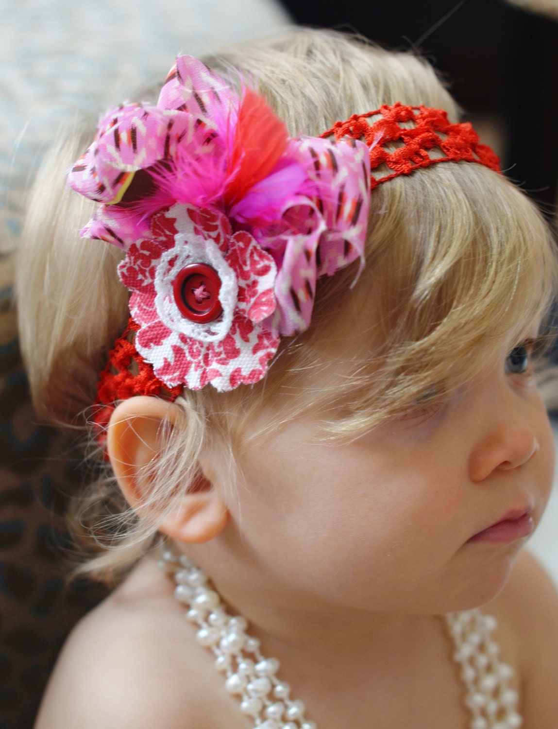 ONE OF A KIND-Red, White and pink headband-Feather headband-Newborn-Baby girl headband-Unique -Baby headband-Flower headband-Handmade