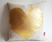 Sukan / Gold Heart Pillow Cover - Raw Linen Pillow - Decorative Pillow - Accent Pillow - Valentine Day Gift - 16x16 Pillow Cover