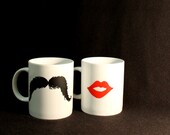 Father's Day Gift, Wedding Gift, Housewarming Gift, Coffee mugs, handpainted, Mustache and Lips, His & Hers, Best Man and Maid of Hohor gift