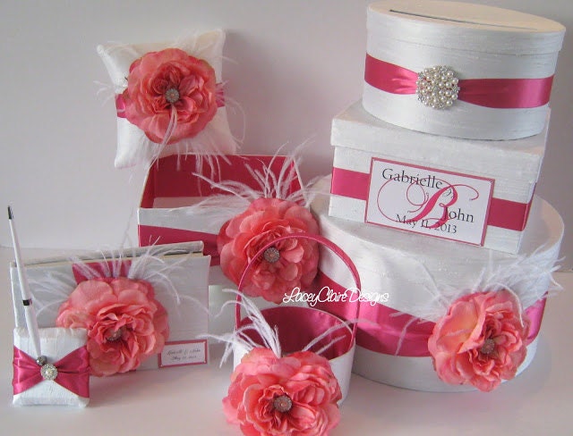 Wedding Card Box Set - includes Card Box, Guest Book, Program Box, Flower Girl Basket, and Ring Pillow