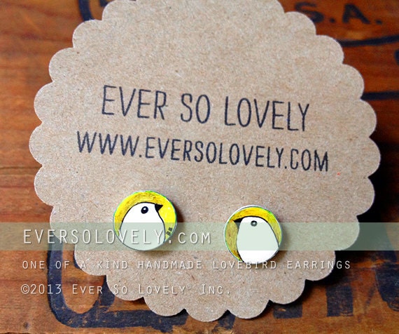 hand drawn yellow and white love bird earrings - one of a kind