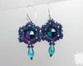 Purple Turquoise Teal Stitched Earrings, Swarovski Rivoli Seed Bead Earrings