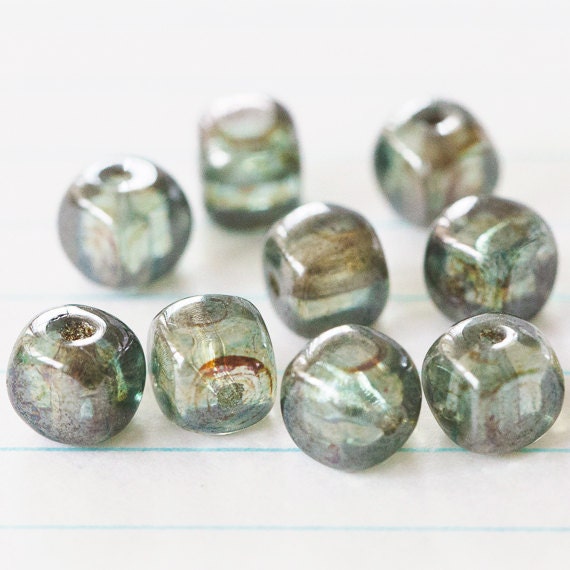 Czech Glass Cube Beads - Sage Green & Cinnamon Luster (5mm) x 10