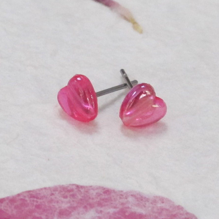 Heart Earrings -  Pink Glass with Studs