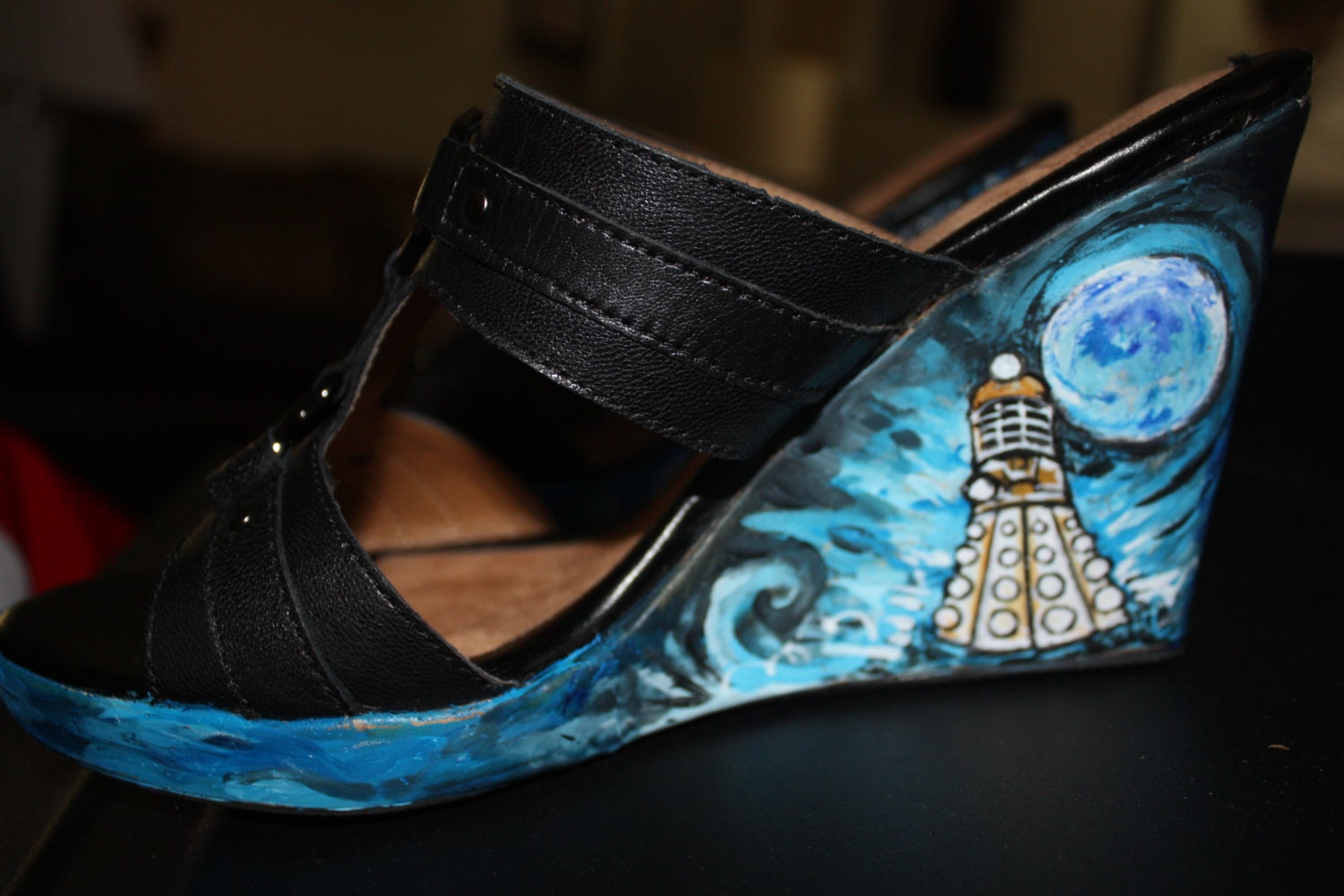 Doctor Who Leather Wedge Sandals Handpainted TARDIS DALAK  Gallifreyan      1-3 day   turnaround   This size women's 7 1/2 or any size