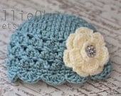 Scalloped beanie with Jeweled Flower - Ellieohs