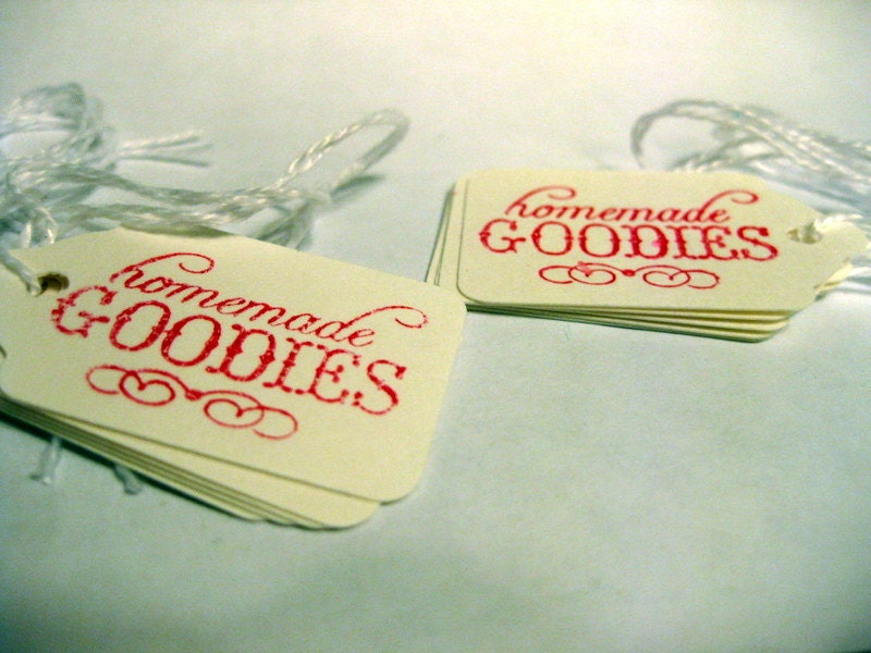 Homemade Goodies : Set of 10 small, hand stamped tags, white with dark pink, purple, or teal lettering
