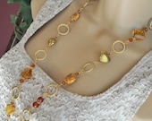 Amber Crystal, Impression Jasper, Carnelian and Gold Twisted Chain Long Necklace and Earring Set