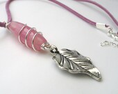 Pink Gemstone Pendant with Leaf Charm, Summer Jewelery, Festival Jewelry, Gift for Her