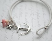 SALE- Anchor Bracelet- Love anchor bracelet, silver anchor clasp, white cord, pink coral starfish