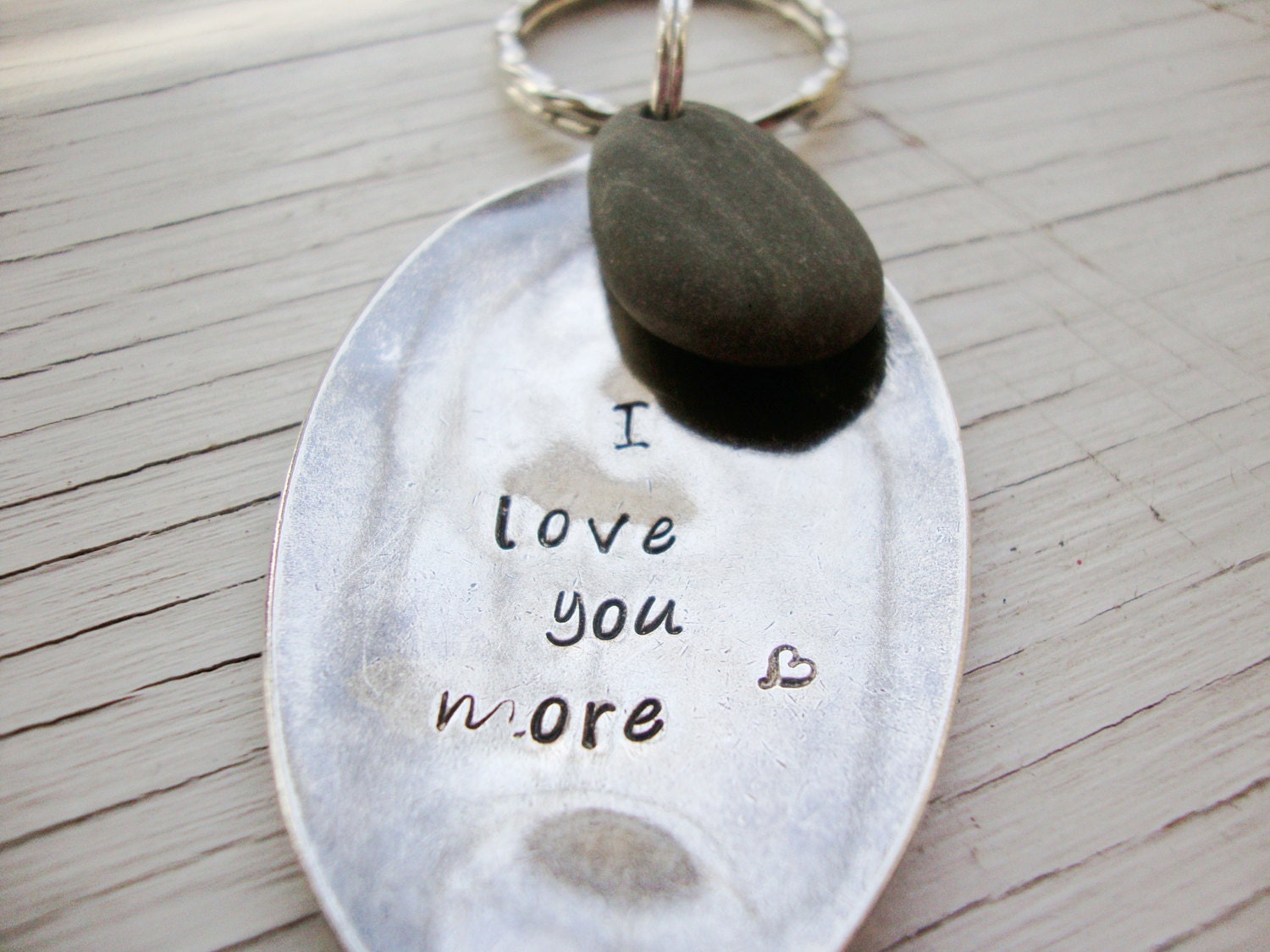 I love you more hand stamped silver upcycled spoon key chain with beach stone