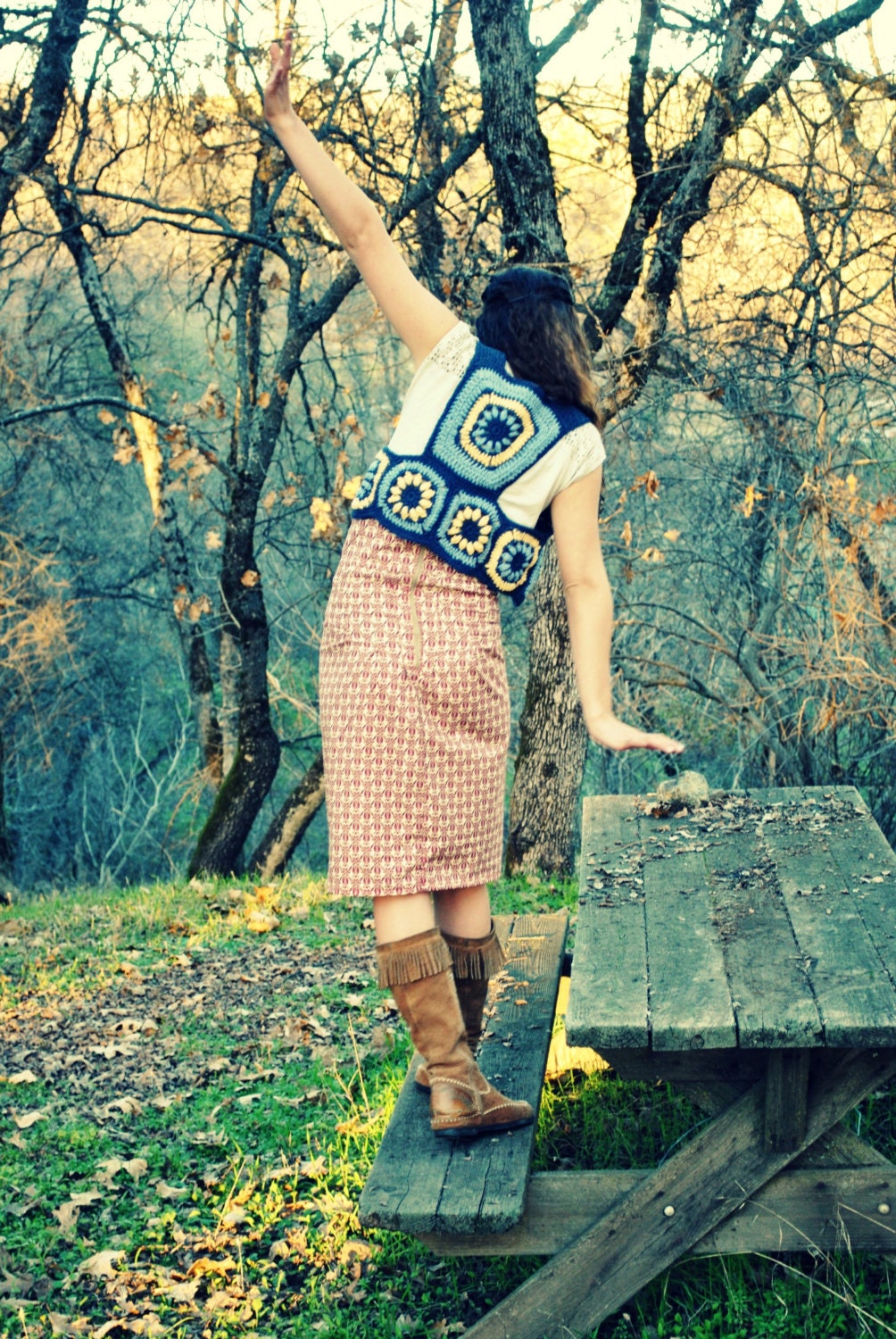 Starry Night Crochet Granny Square Vest / Folk / Bohemian / Hippie / Festival Top / Denim Vest